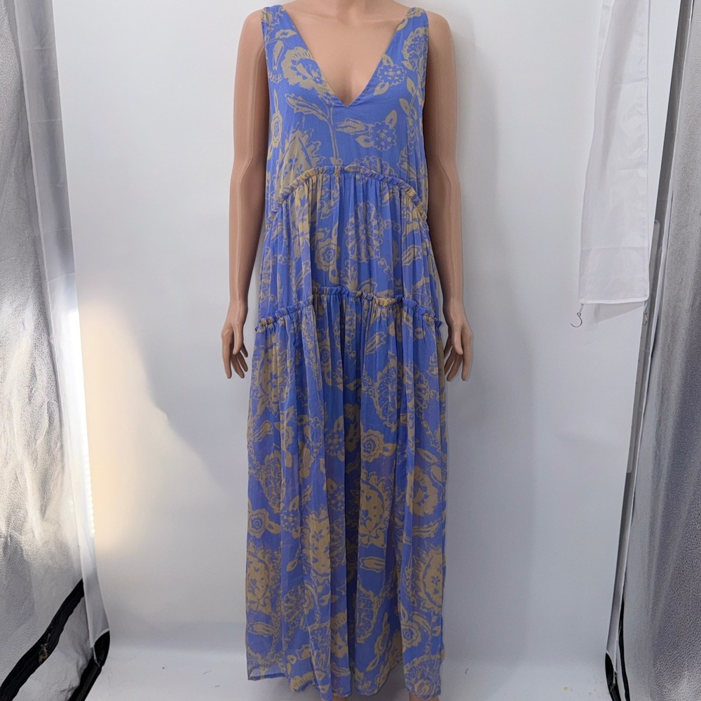 Free People Small Blue Floral Tiered Maxi Dress Boho Cottagecore Festival Summer